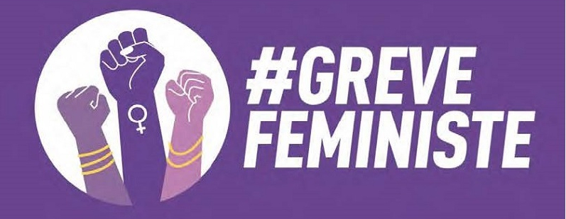 Logo avec 3 poings levés de différentes couleurs et tailles et le texte #GRèVE FEMINISTE en majuscules non accentuées